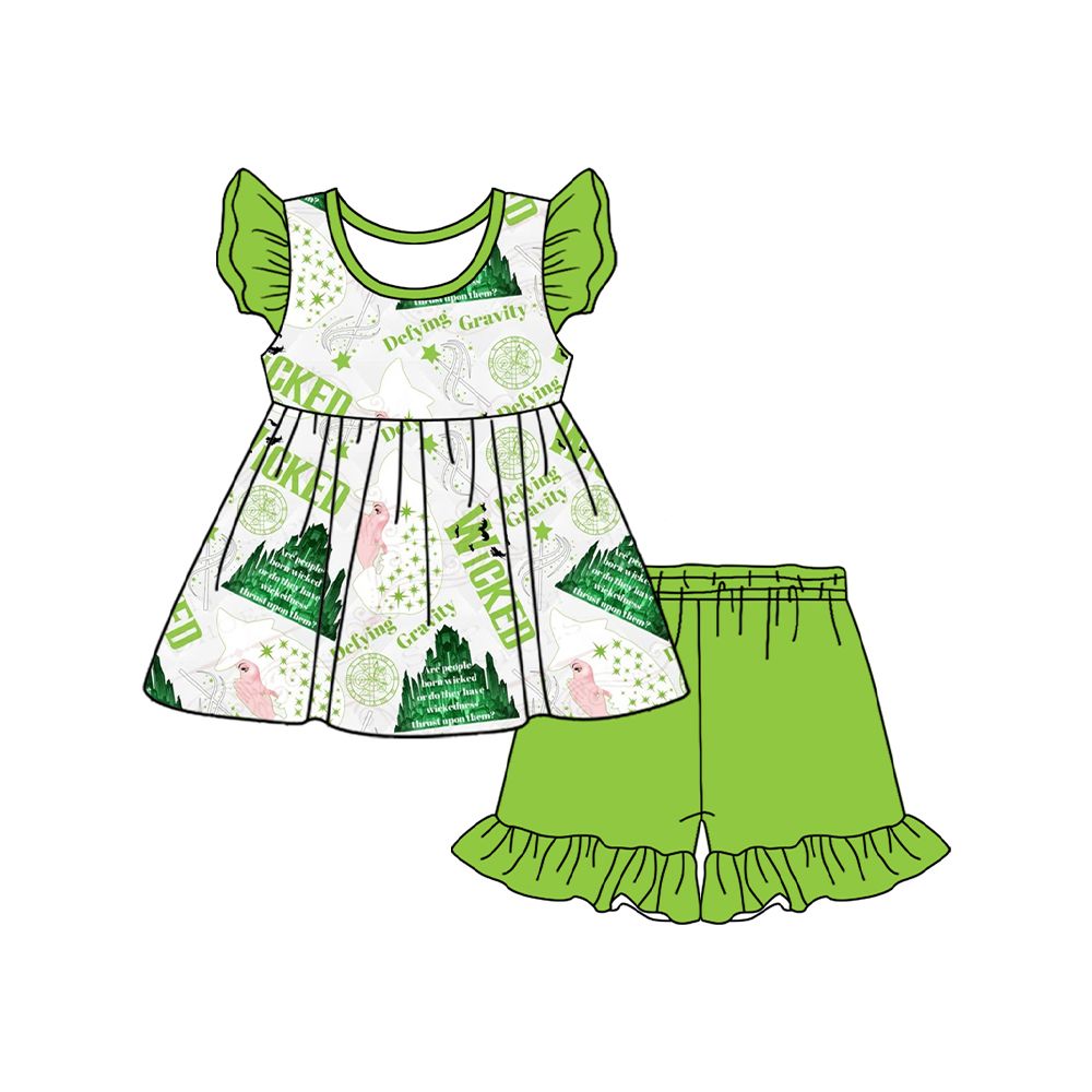 (Custom Design Preorder MOQ 5) Cartoon Cicke* Tunic Top Green Shorts Girls Summer Clothes Set