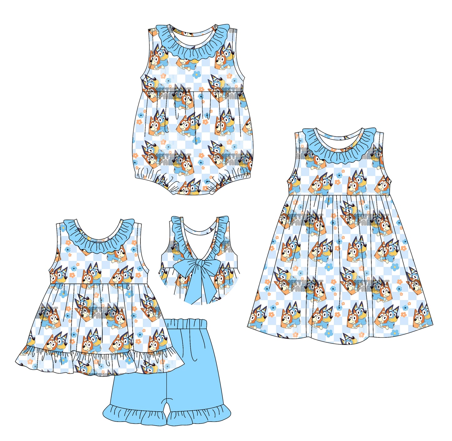 3.29(Custom Design Preorder MOQ 5 Each Design) Cartoon Dog Flowers Blue Plaid Print Girls Summer Matching Clothes Sisters Wear