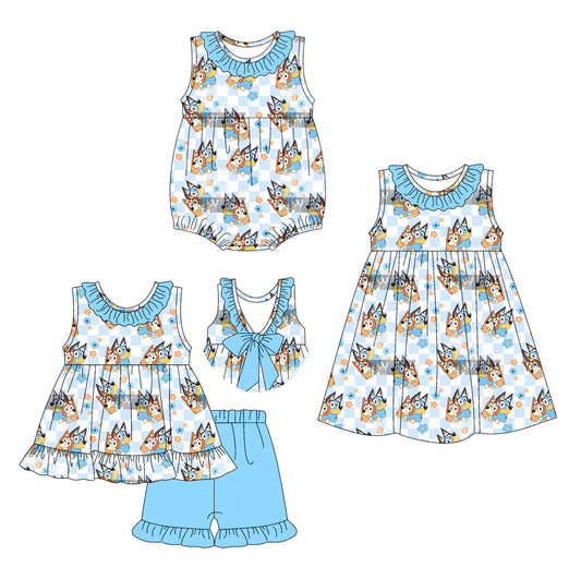 3.29(Custom Design Preorder MOQ 5 Each Design) Cartoon Dog Flowers Blue Plaid Print Girls Summer Matching Clothes Sisters Wear