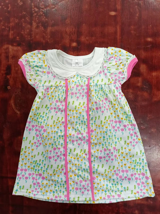 (Custom Design Preorder MOQ 5) Small Flowers Print Girls Knee Length Summer Dress