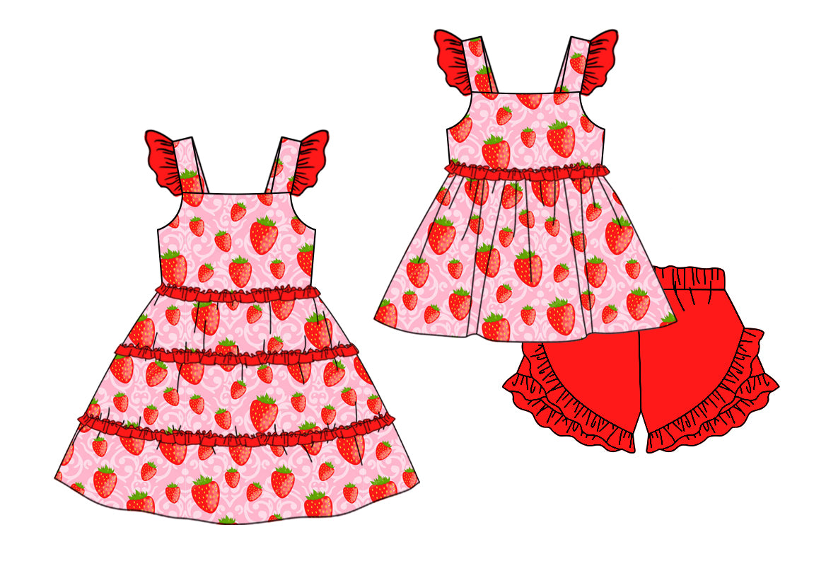 11.11(Custom Design Preorder MOQ 5 Each Design) Strawberry Print Girls Summer Matching Clothes Set Sisters Wear