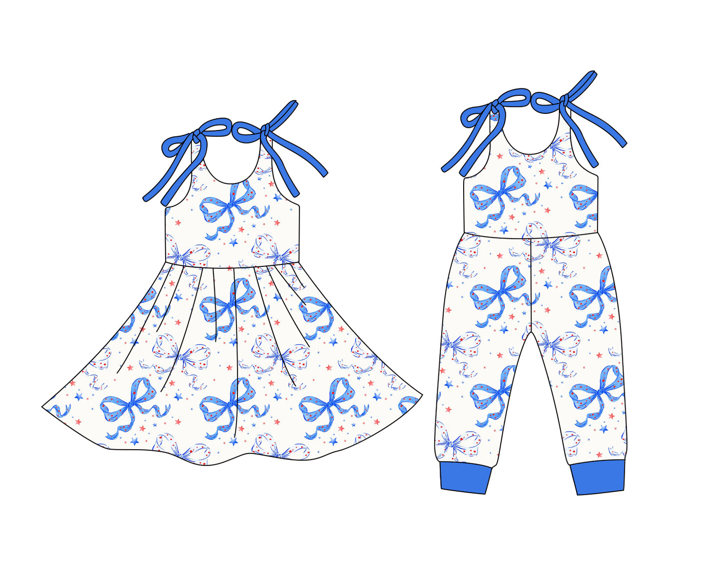 12.24 (Custom Design Preorder MOQ 5 Each Design) Bows Stars Print Girls 4th of July Matching Clothes Sisters Wear