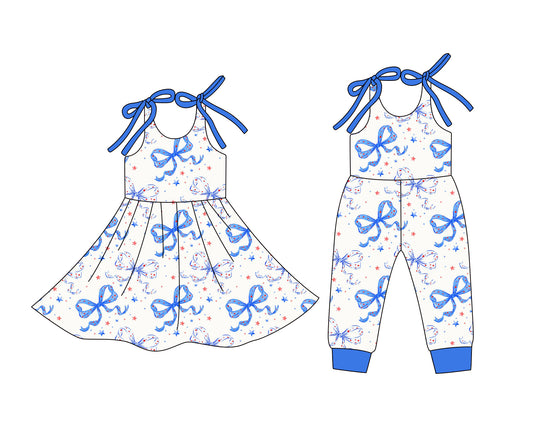 12.24 (Custom Design Preorder MOQ 5 Each Design) Bows Stars Print Girls 4th of July Matching Clothes Sisters Wear