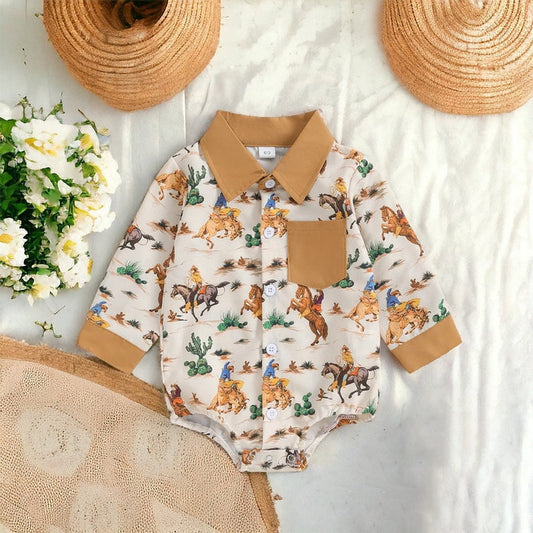 (Custom Design Preorder MOQ 5) Rodeo Print Baby Boys Western Fall Pocket Romper