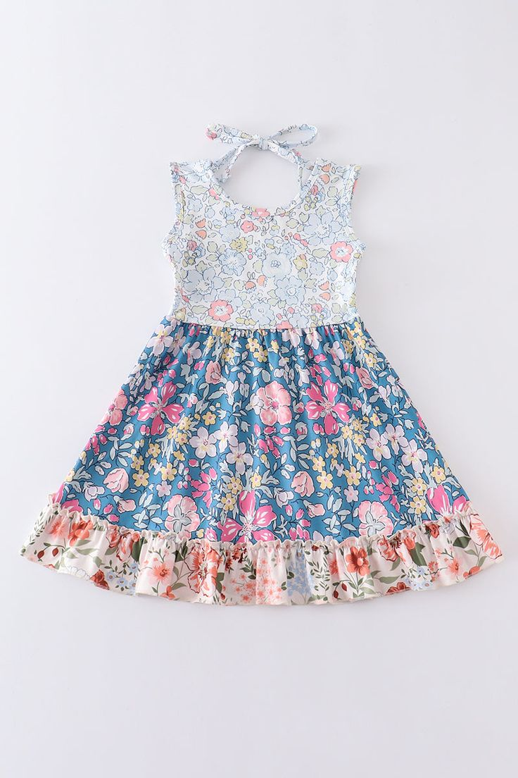 (Custom Design Preorder MOQ 5)  Flowers Print Girls Knee Length Summer Dress