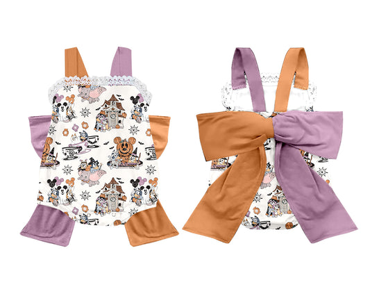 (Custom Design Preorder MOQ 5) Cartoon Dog Pumpkin Print Baby Girls Halloween Romper Big Bow On the Back