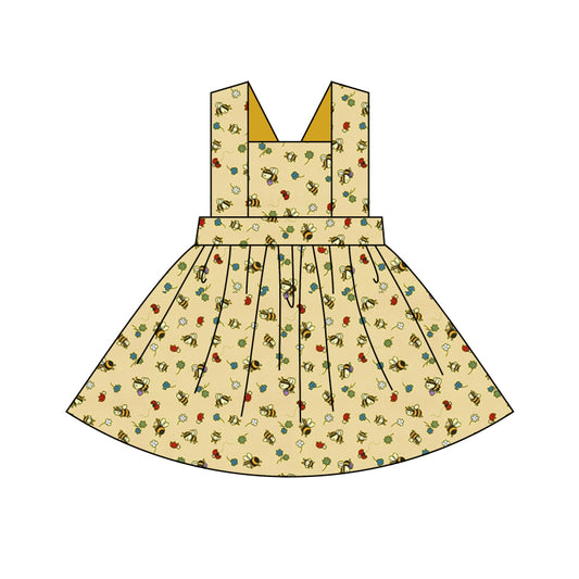 (Custom Design Preorder MOQ 5) Bee Flowers Print Girls Knee Length Summer Dress