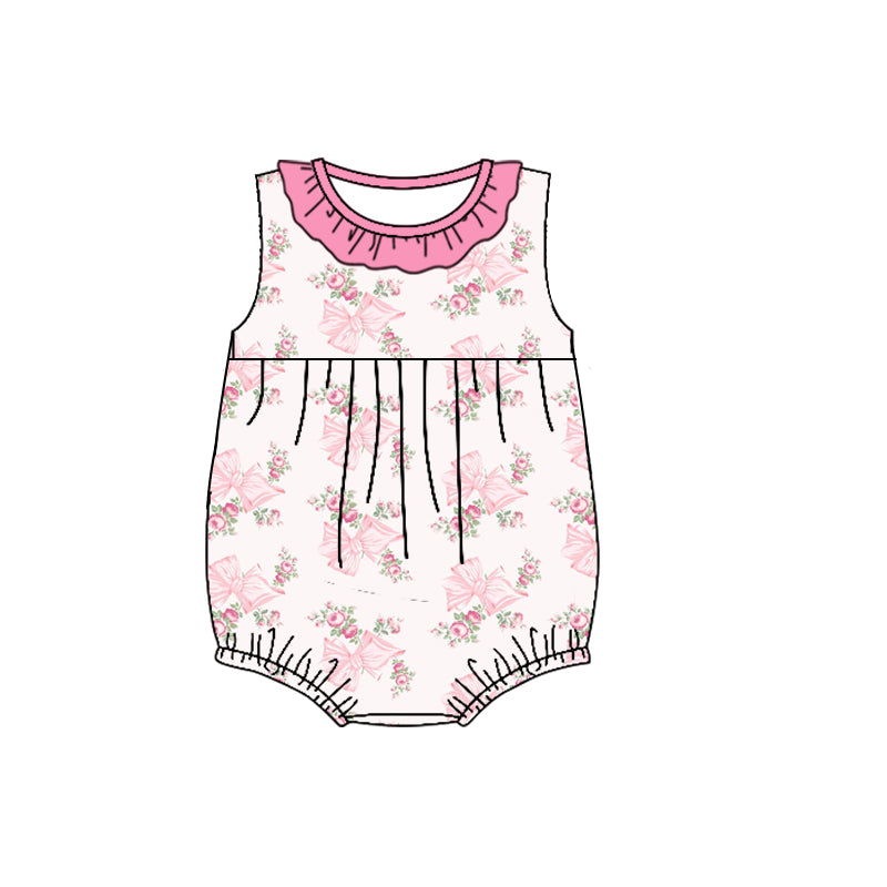 (Custom Design Preorder MOQ 5) Flowers Pink Bows Print Baby Girls Summer Sleeveless Romper