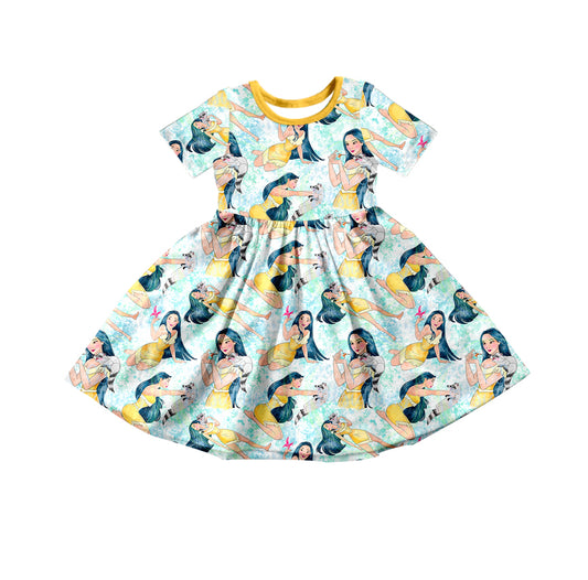 (Custom Design Preorder MOQ 5)  Cartoon Princess Butterfly Print Girls Knee Length Summer Yellow Tulle Dress