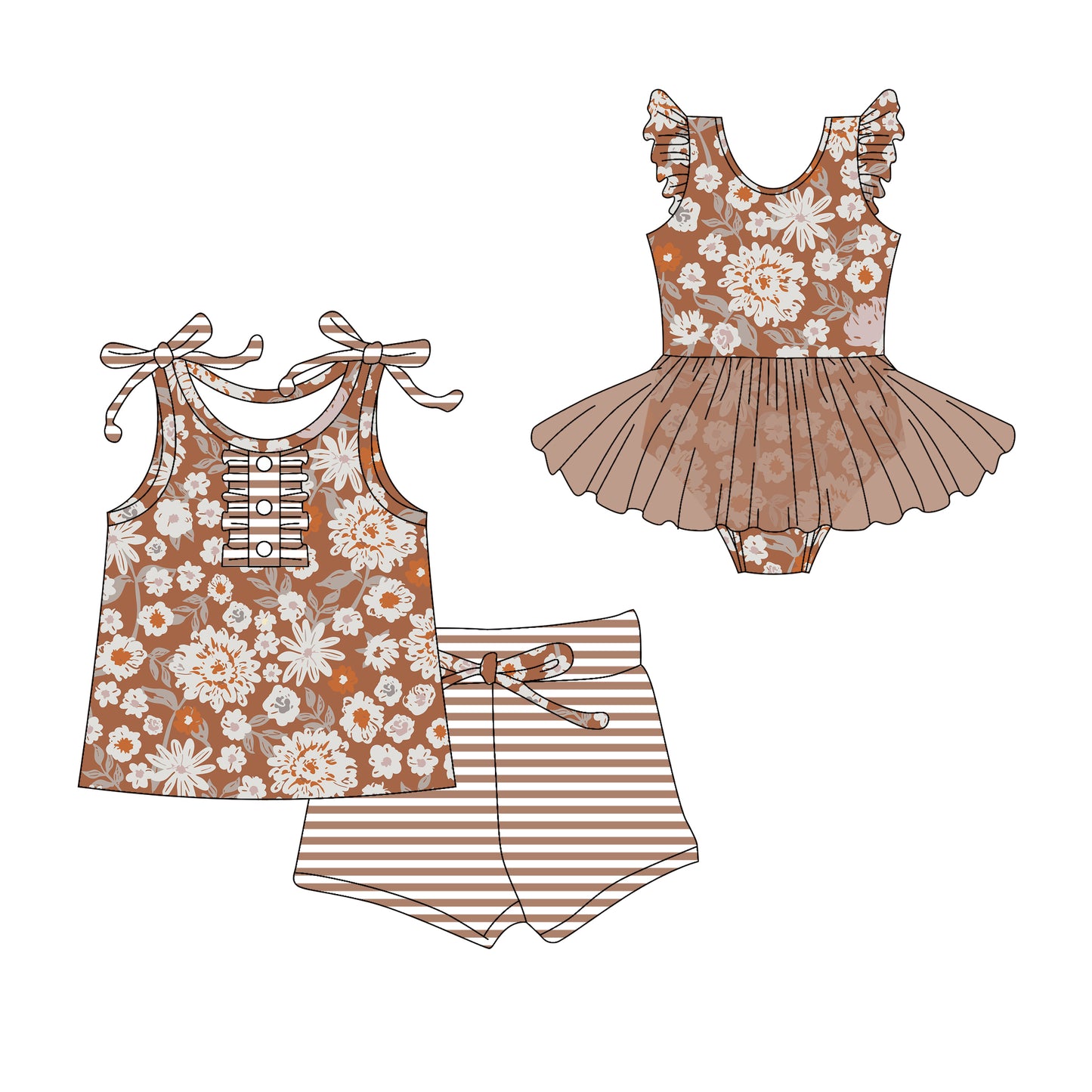 3.10(Custom Design Preorder MOQ 5 Each Design) Flowers Brown Print Girls Summer Matching Clothes Sisters Wear