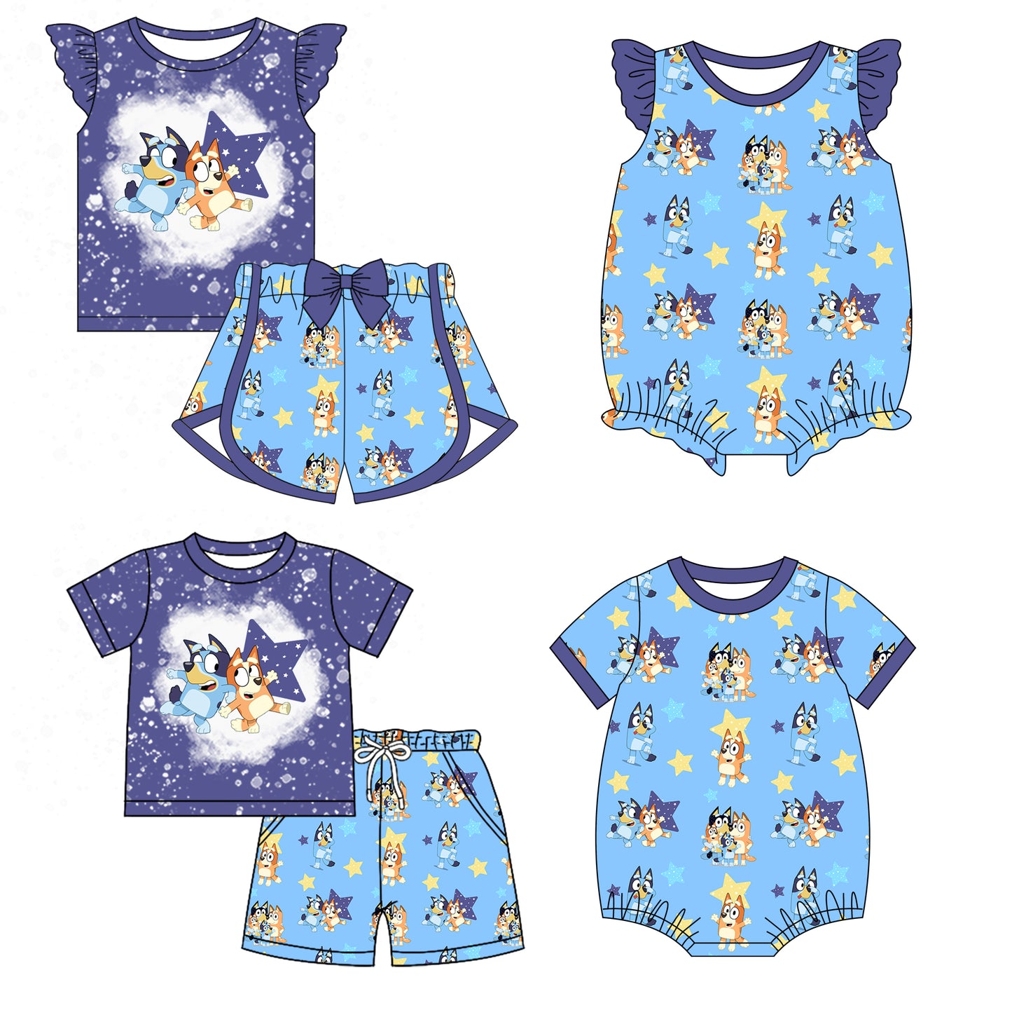 12.16(Custom Design Preorder MOQ 5 Each Design) Cartoon Dog Stars Print Kids 4th of July Matching Clothes Sibling Wear