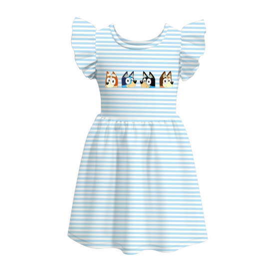 (Custom Design Preorder MOQ 5) Cartoon Dog Blue Stripes Print Girls Knee Length Summer Dress