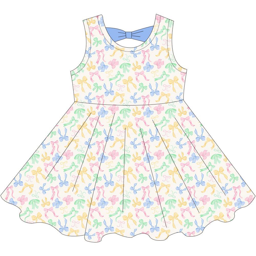 (Custom Design Preorder MOQ 5) Colorful Bows Print Girls Summer Knee Length Dress