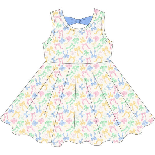 (Custom Design Preorder MOQ 5) Colorful Bows Print Girls Summer Knee Length Dress
