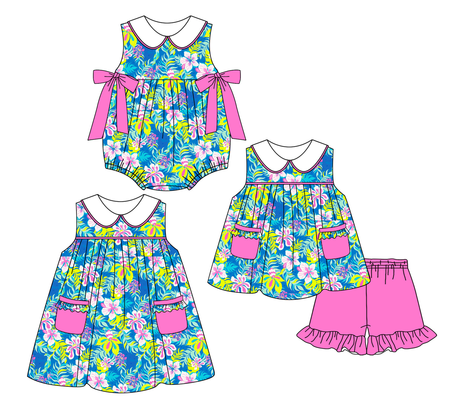 2.24(Custom Design Preorder MOQ 5 Each Design) Flowers Print Girls Summer Matching Clothes Sisters Wear