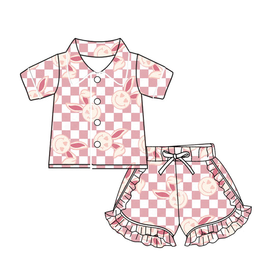 (Custom Design Preorder MOQ 5) Bunny Smiling Plaid Print Girls Easter Pajamas Clothes Set