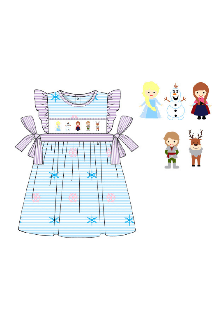 (Custom Design Preorder MOQ 5)  Cartoon Princess Snowflake Print Girls Knee Length Summer Dress