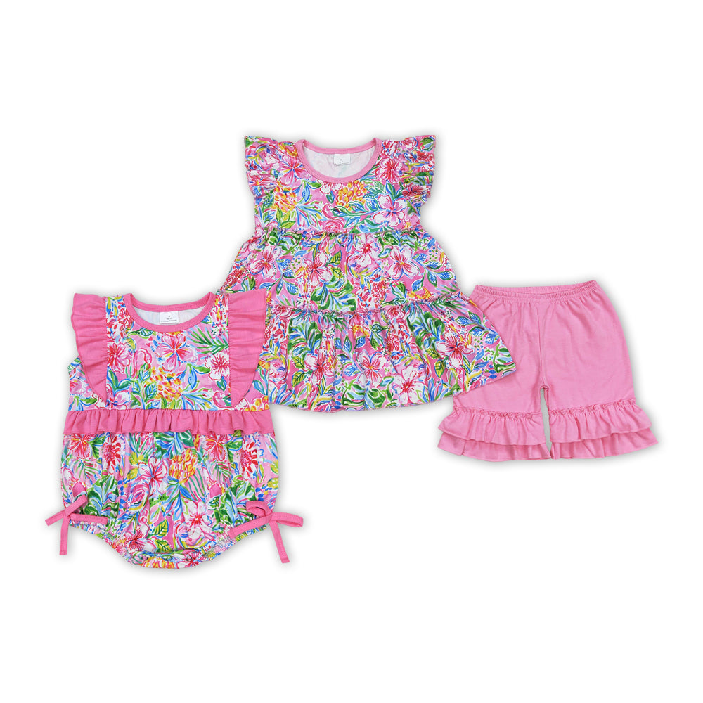 Pink Flowers Print Sisters Summer Matching Clothes