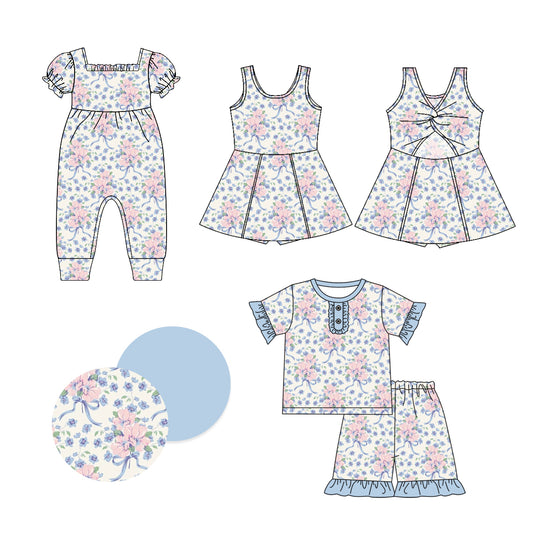 1.4(Custom Design Preorder MOQ 5 Each Design) Pink Flowers Print Girls Summer Matching Clothes Sisters Wear