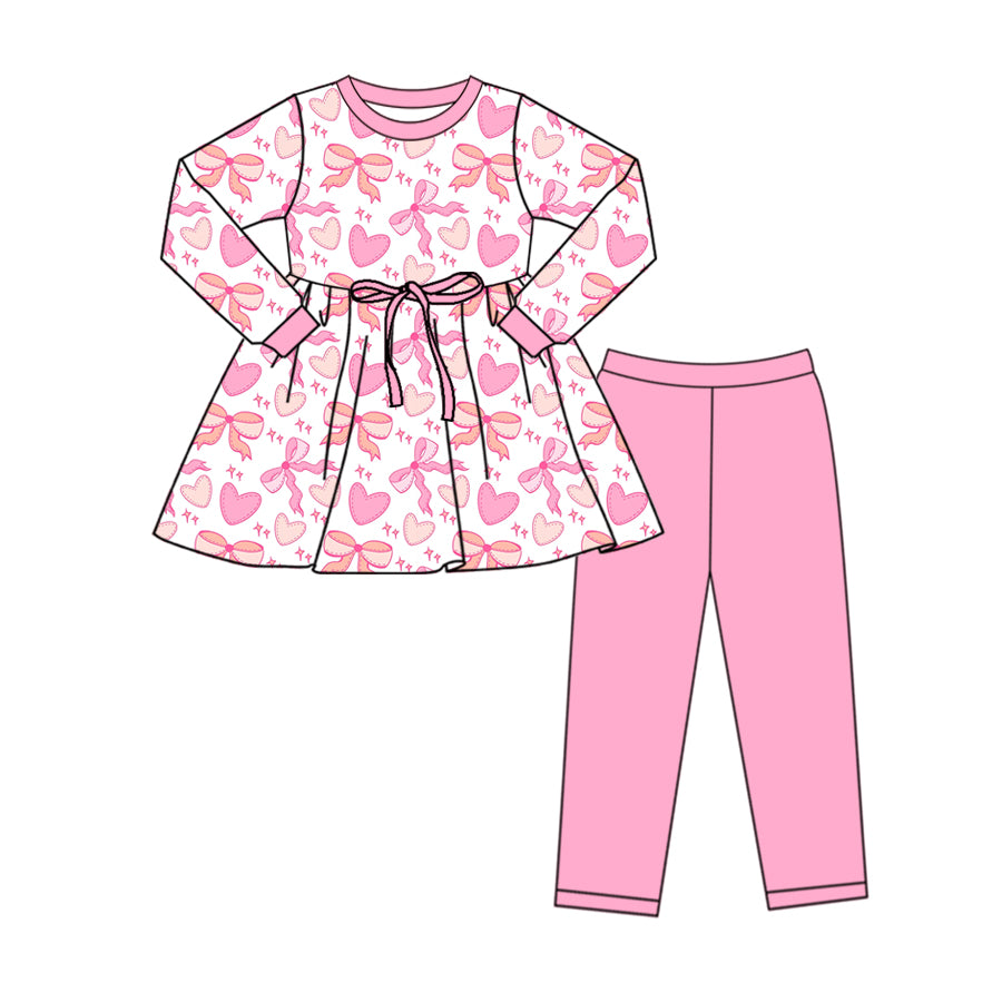 (Custom Design Preorder MOQ 5) Heart Bows Tunic Top Pink Pants Girls Valentine's Day Clothes Set