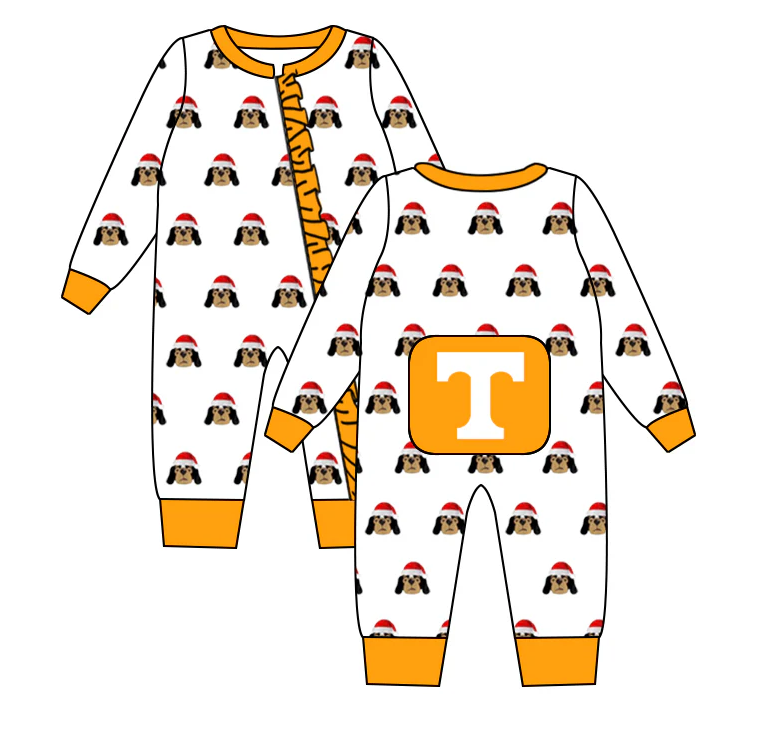 (Custom Design Preorder MOQ 5) Team's Tennessee Dog Print Baby Girls Christmas Sleeper Zipper Romper