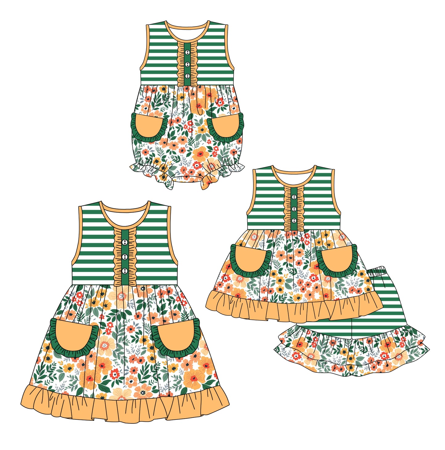 12.14(Custom Design Preorder MOQ 5 Each Design) Orange Flowers Print Girls Summer Matching Clothes Sisters Wear