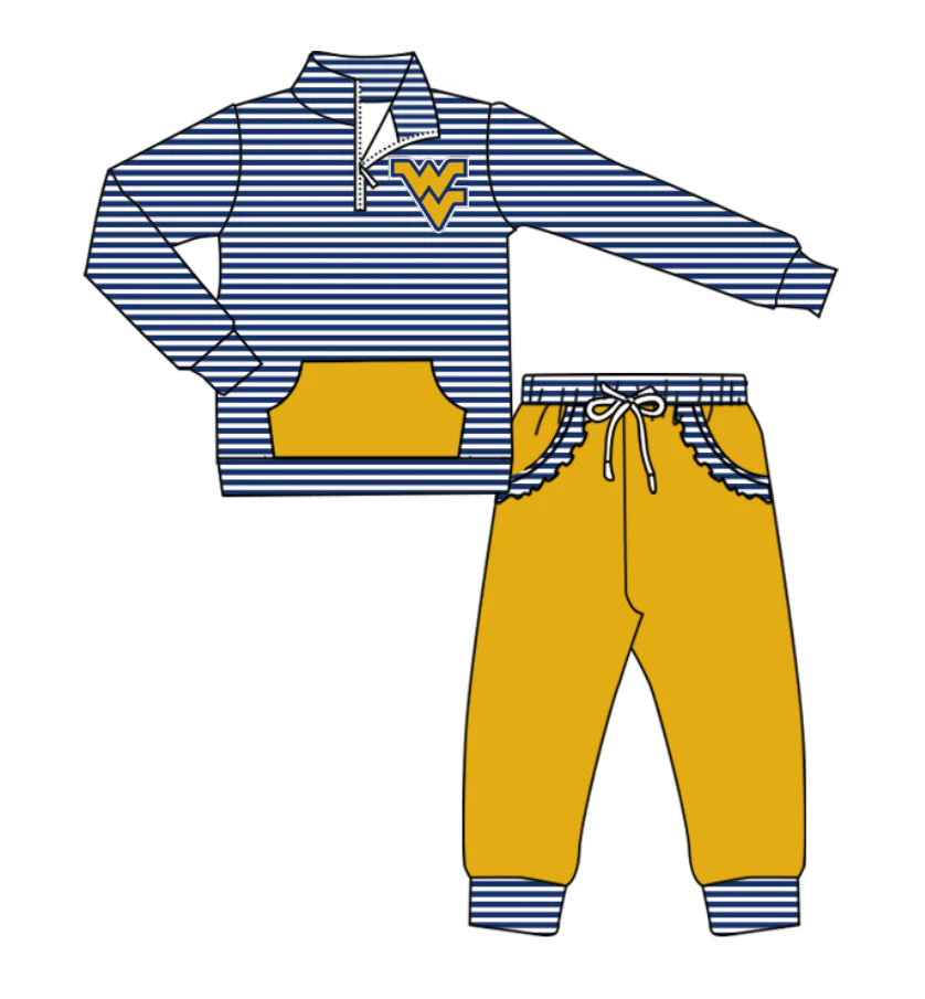 (Custom Design Preorder MOQ 5)  Team's West Virginia Stripes Zipper Top Pockets Pants Girls Clothes Set