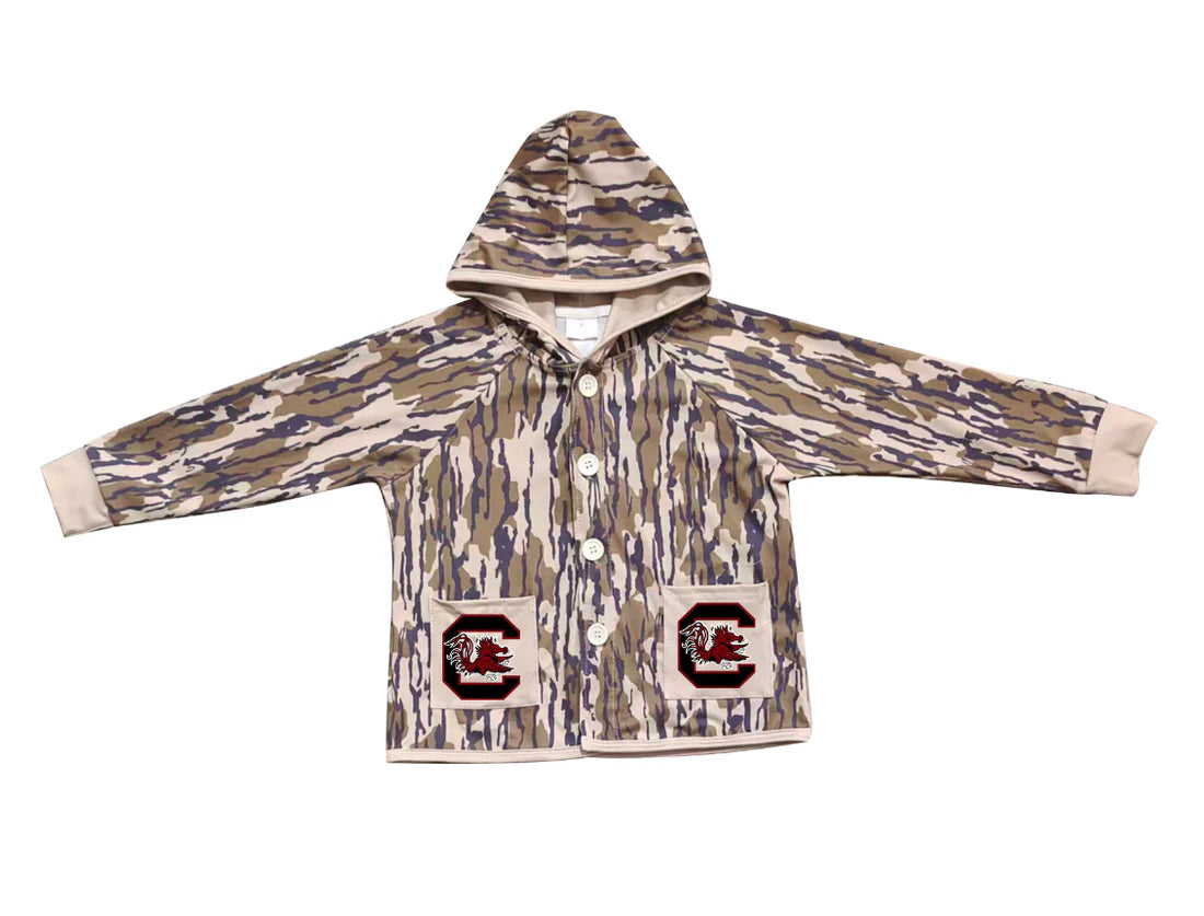 (Custom Design Preorder MOQ 5 Each Item) Team's Gamecock Camo Print Pockets Buttons Kids Fall Hoodie Jackets Top Mom and Me Matching Clothes