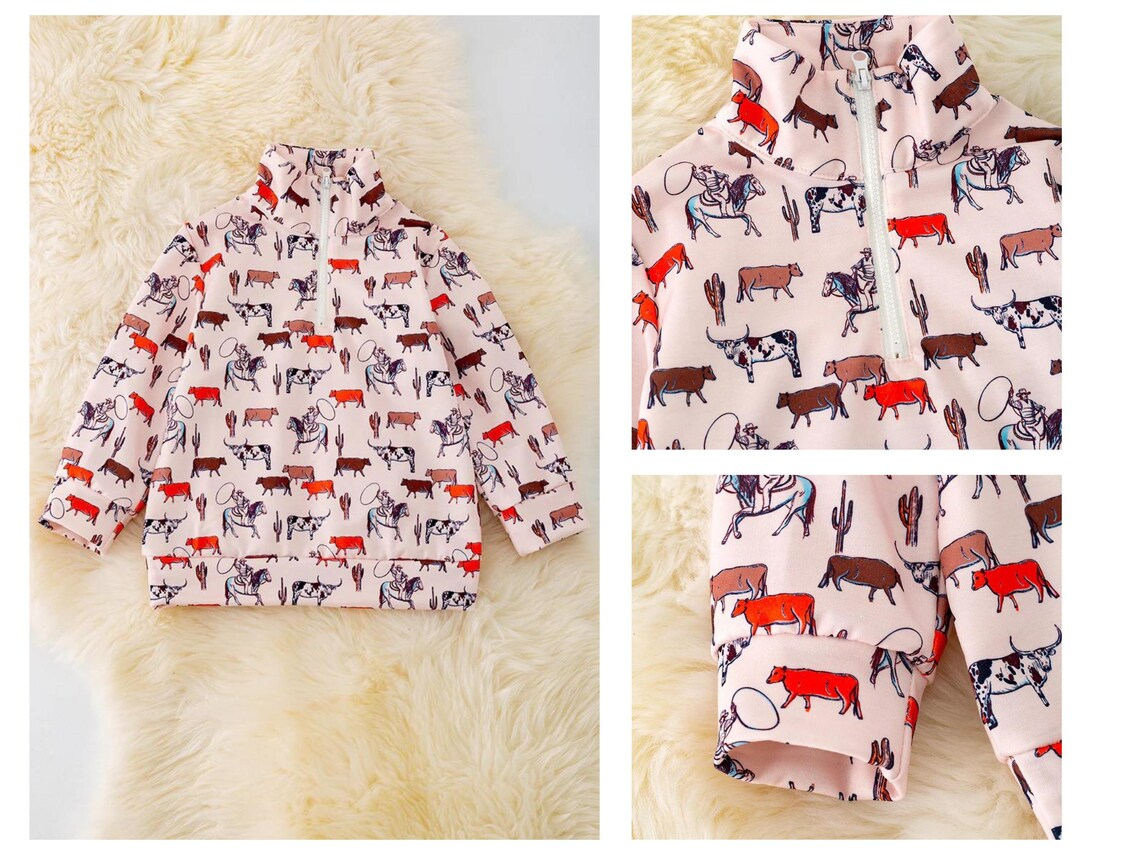 (Custom Design Preorder MOQ 5)  Cows Rodeo Print Kids Fall Pullover Zipper Tops