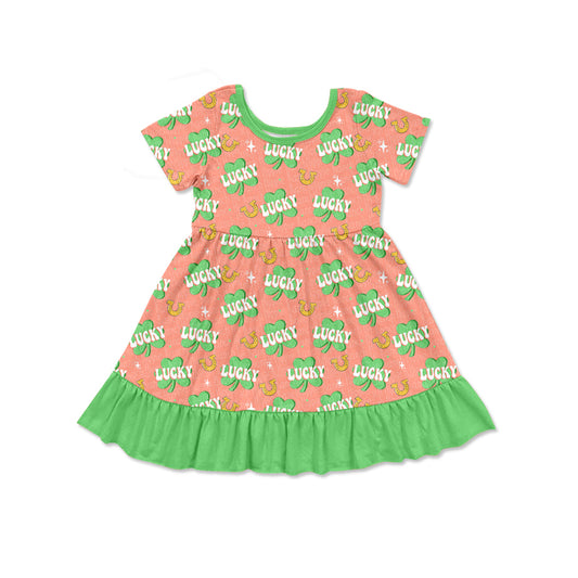 (Custom Design Preorder MOQ 5) Leaf Lucky Print Girls St. Patrick's Day Knee Length Dress