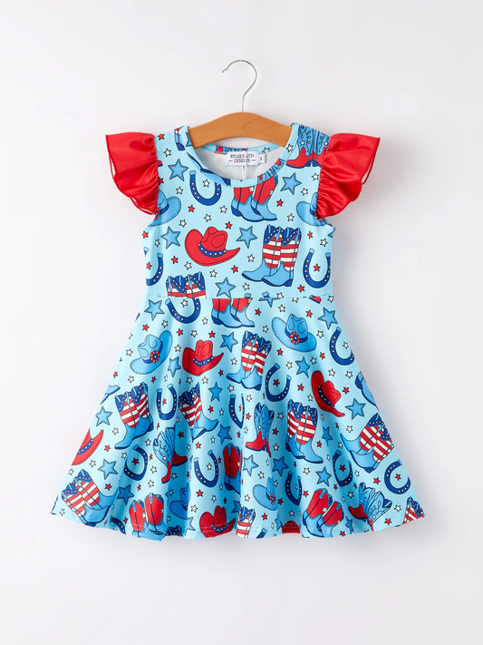(Custom Design Preorder MOQ 5) Boots Hat Stars Print Girls Knee Length 4th of July Dress