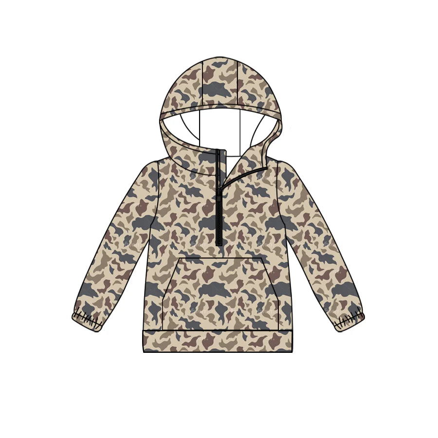 (Custom Design Preorder MOQ 5) Brown Camo Print Kids Long Sleeve Hoodie Zipper Tops