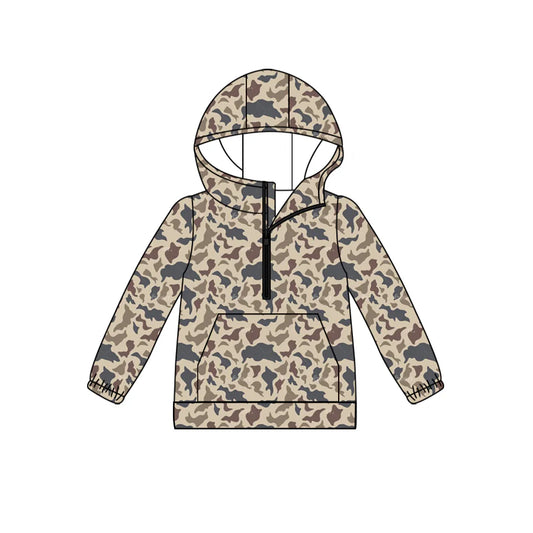 (Custom Design Preorder MOQ 5) Brown Camo Print Kids Long Sleeve Hoodie Zipper Tops