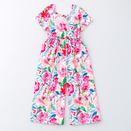 (Custom Design Preorder MOQ 5) Hot Pink Flowers Print Pockets Girls Summer Jumpsuits