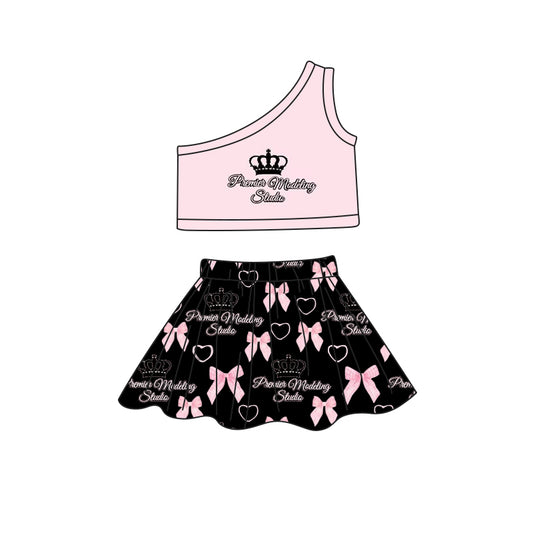 (Custom Design Preorder MOQ 5) Princess Pink Top Black Skirts Shorts Girls Clothes Sets