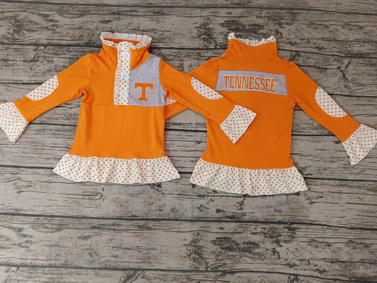 (Custom Design Preorder MOQ 5) Team's Orange Tennessee Print Girls Long Sleeve Buttons Pullover Top