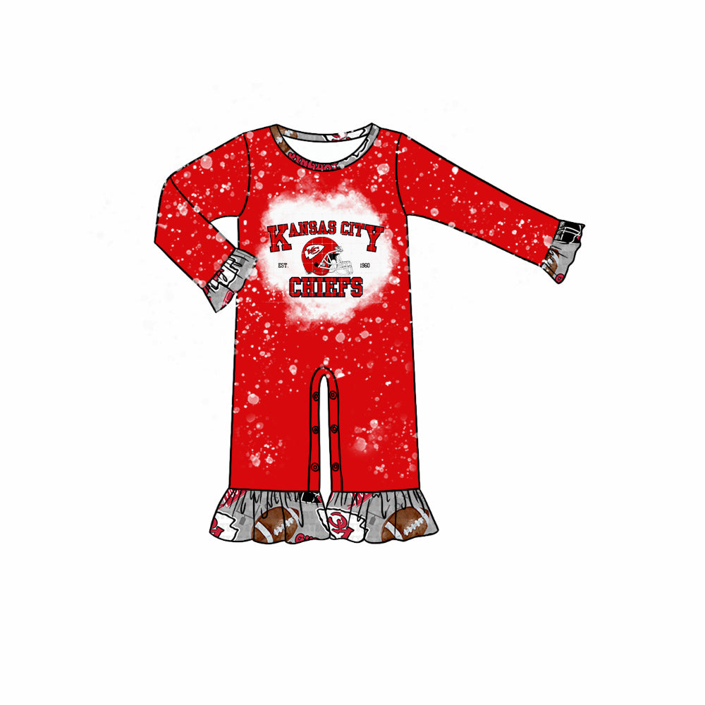 (Custom Design Preorder MOQ 5) Team's KC Red Print Baby Girls Fall Romper