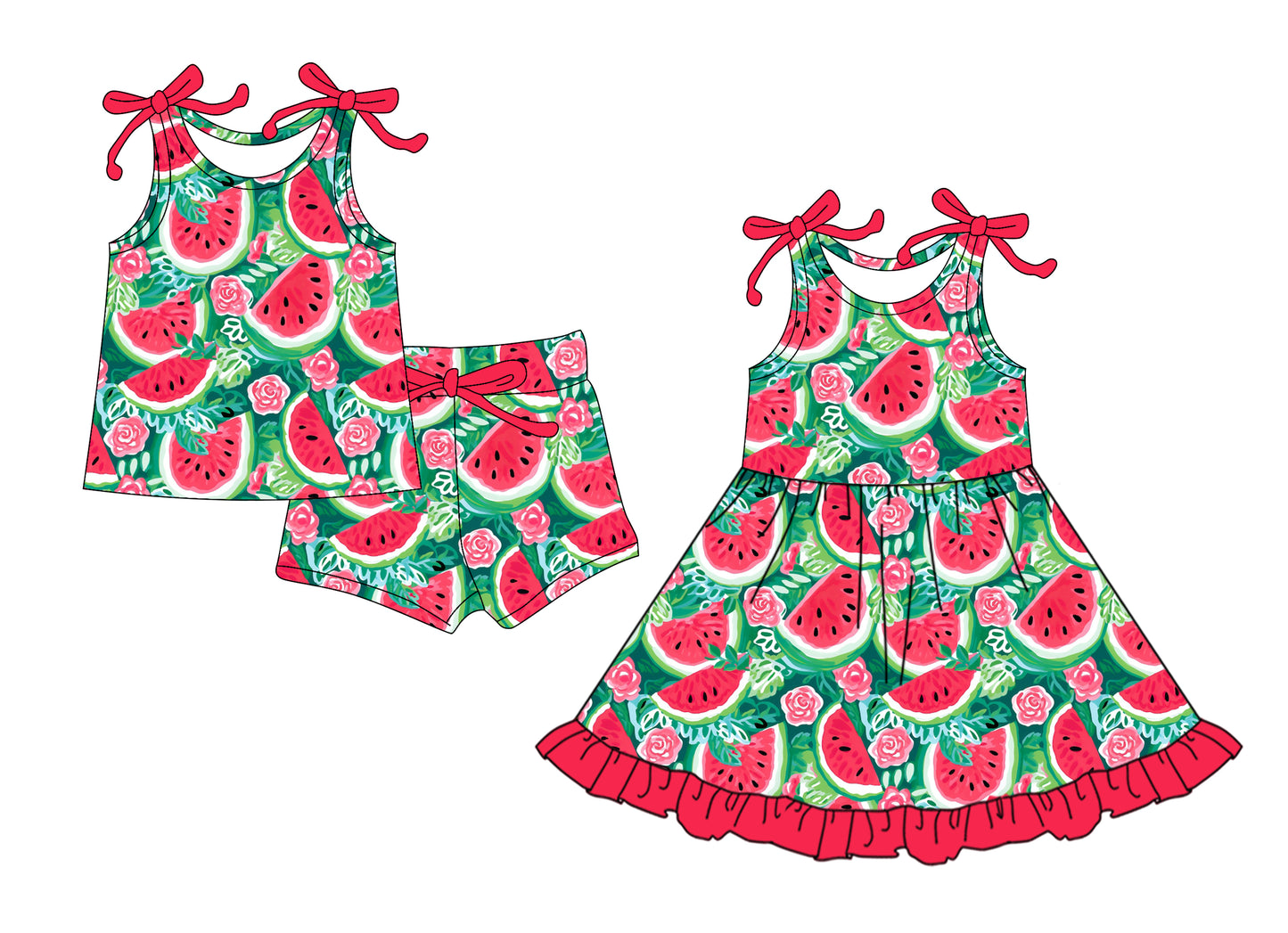 4.14(Custom Design Preorder MOQ 5 Each Design) Watermelon Flowers Print Girls Summer Matching Clothes Sisters Wear