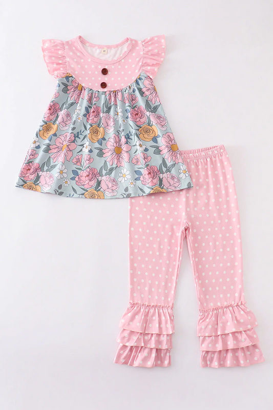 (Custom Design Preorder MOQ 5) Pink Flowers Tunic Top Pink Dots Pants Girls Clothes Set