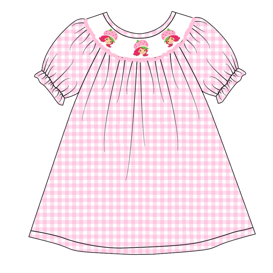 (Custom Design Preorder MOQ 5) Strawberry Pink Plaid Print Girls Knee Length Summer Dress