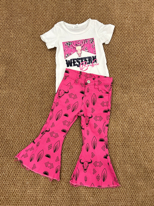 GT0134+P0159 Cow Skull Top Hot Pink Denim Bell Jeans Girls Clothes Set