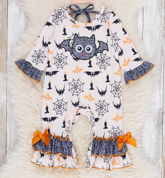 (Custom Design Preorder MOQ 5) Bat Web Print Baby Girls Halloween Romper