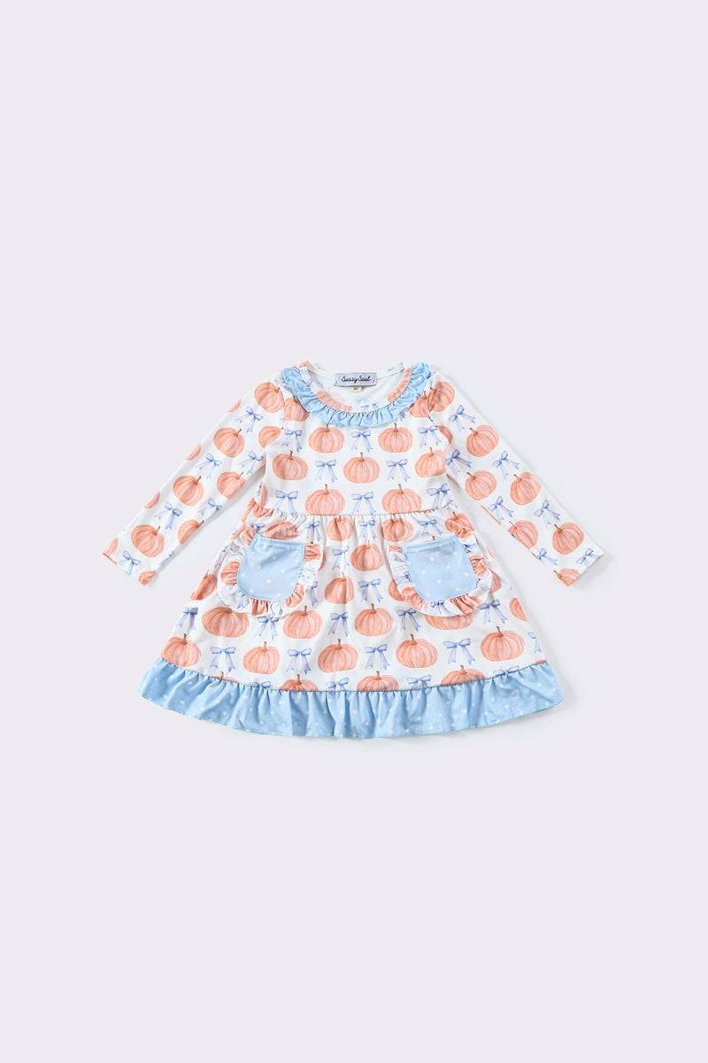 (Custom Design Preorder MOQ 5) Pumpkin Blue Bows Print Girls Knee Length Fall Dress