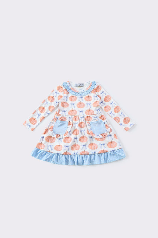 (Custom Design Preorder MOQ 5) Pumpkin Blue Bows Print Girls Knee Length Fall Dress