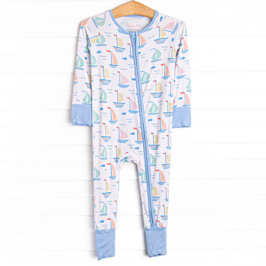 (Custom Design Preorder MOQ 5) Sailboat Print Baby Boys Zipper Sleeper Romper
