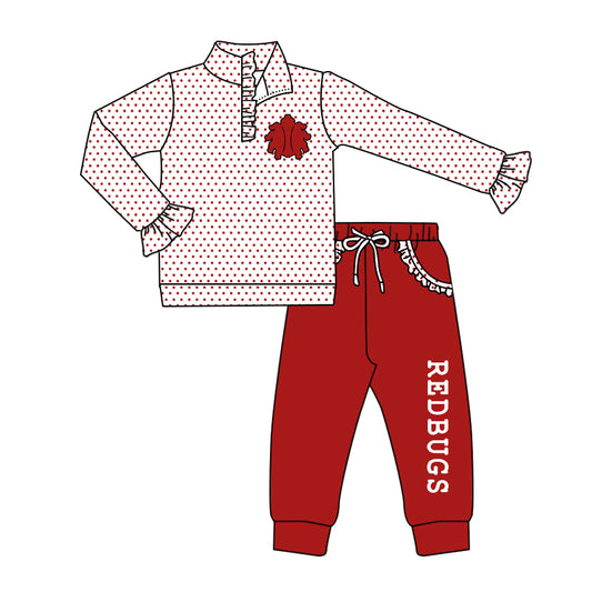 (Custom Design Preorder MOQ 5) Team's REDBUGS Pullover Top Red Pockets Pants Girls Fall Clothes Set