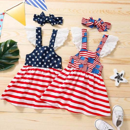 (Custom Design Preorder MOQ 5)  Navy Stars Print Girls Knee Length 4th of July Dress