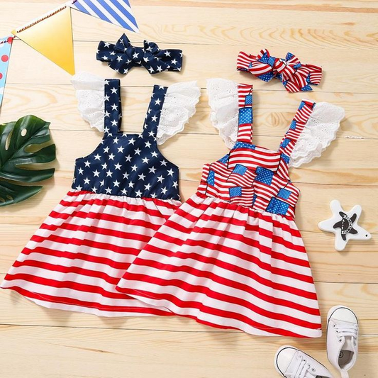 (Custom Design Preorder MOQ 5)  Flags Print Girls Knee Length 4th of July Dress