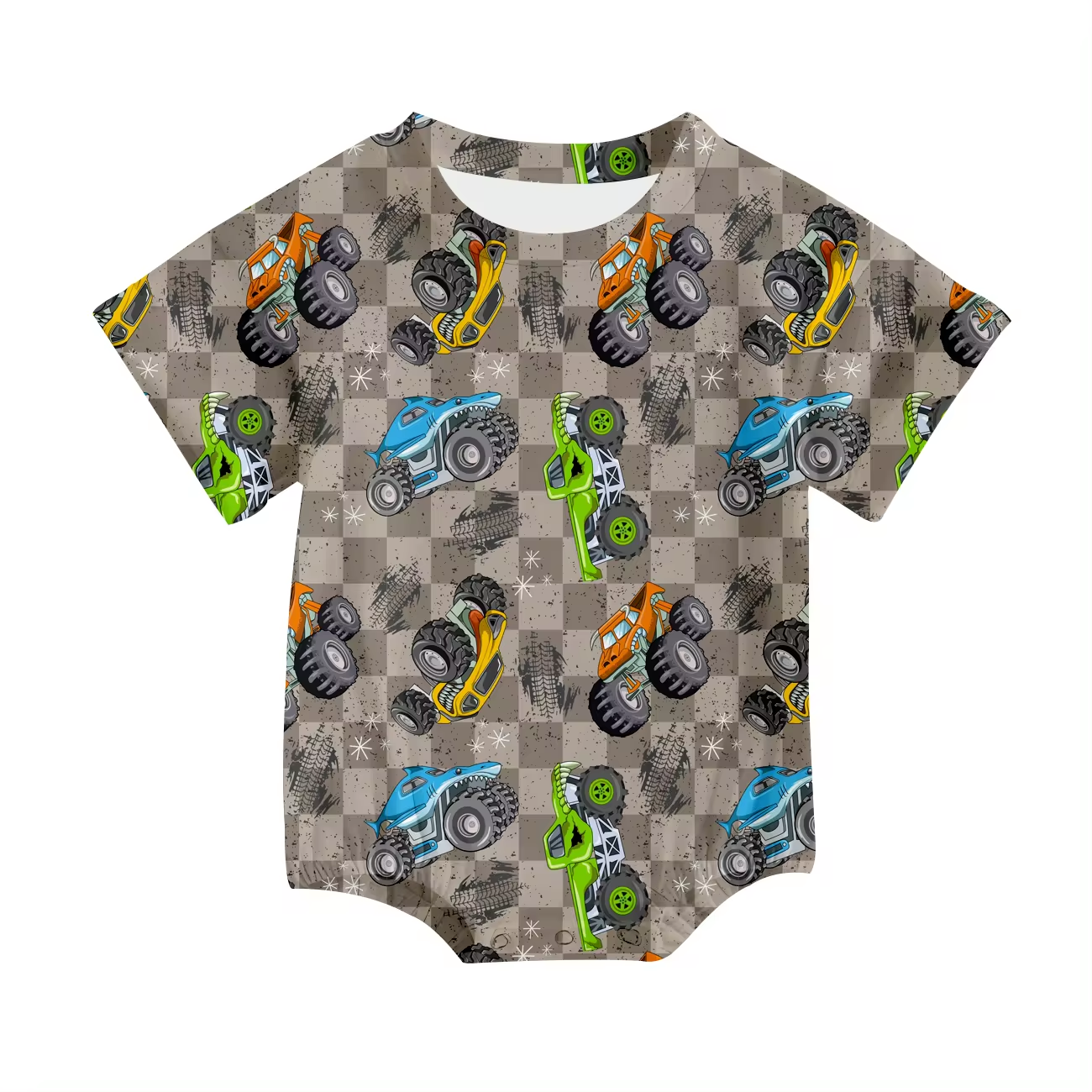 (Custom Design Preorder MOQ 5) Monster Trucks Print Baby Boys Summer Romper