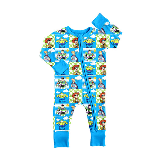 (Custom Design Preorder MOQ 5) Cartoon Toys Plaid Print Baby Boys Fall Sleeper Zipper Romper